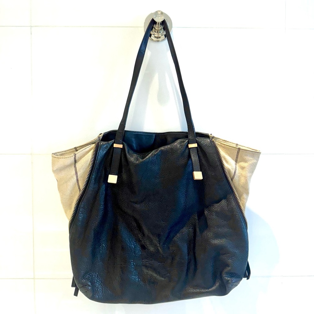 Joie Tote - Black Leather with Linen zip panels